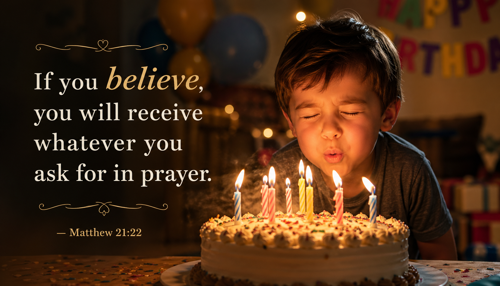 Child blowing out birthday candles with eyes closed making a wish with Matthew 21:22 verse about believing and receiving in prayer